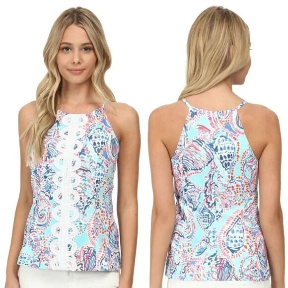 LILLY PULITZER Annabelle Halter Top Size 4 Shell Me About It Print Blue Pink - Picture 1 of 7